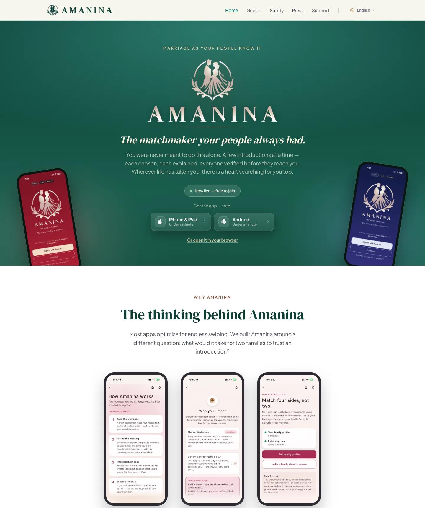 The amanina.ca homepage in English: the hero with two phones showing the app in two of its colour themes, and three screens from the app (screenshot, 10 Oct 2026)