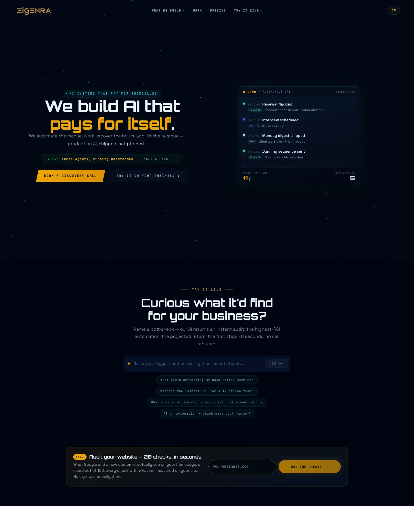 The eigenra.com homepage in English: the hero, the ask box and the website audit (screenshot, 9 Oct 2026)